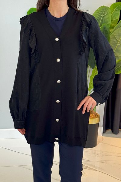 Nuss Ruffle Detail Buttoned Cardigan 6051 Black