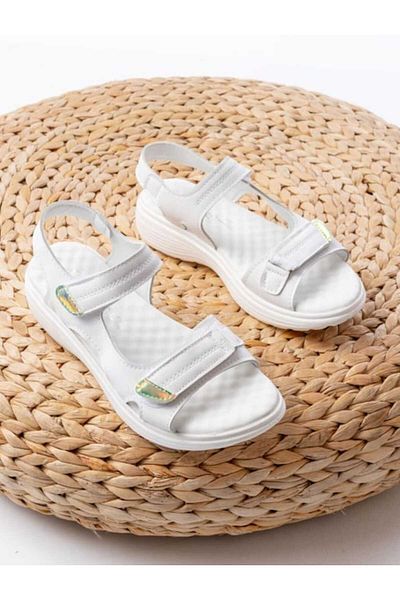 Eray Women's White Thick Sole Velcro Hologram Detailed Sports Sandals