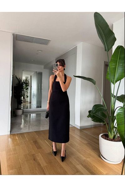 maf collection Women's Black Halter Strap Midi Evening Dress with Back Slit Detail Graduation Dress