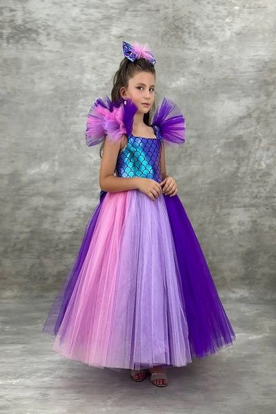 DeKuBaby Super Concept Mermaid Sequin Patterned Girl's Evening Dress-Party-Birthday Costume with Tulle Puffy Skirt