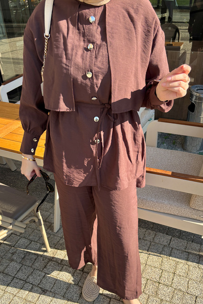 Tesettür Diyarı Women's Summer Fabric Shirt Pants Relaxed Fit Set - Brown