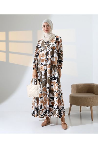Mihran Butik Γυναικείο φόρεμα 100% βαμβακερό βισκόζη με σχέδιο καφέ χιτζάμπ
