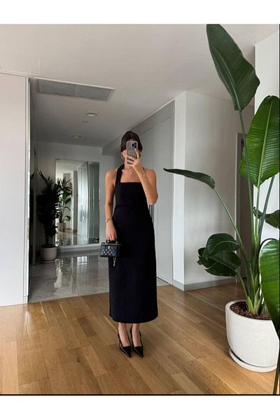 maf collection Women's Black Halter Strap Midi Evening Dress with Back Slit Detail Graduation Dress