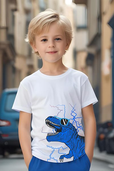 FYK KİDS Boy's Glasses Dinosaur Printed Top and Bottom Set