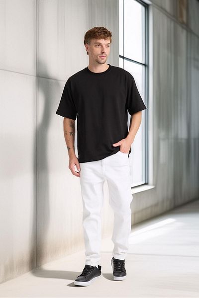 Valiberta Two Thread Fabric Cotton Crew Neck Basic Oversize Men's T-Shirt - Black
