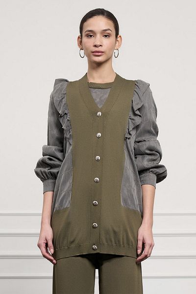 Nuss Ruffle Detail Buttoned Cardigan 6051 Khaki