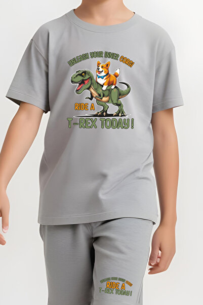 FYK KİDS Boy's Tee-Shorts Trex Today Printed Bottom-Top Suit