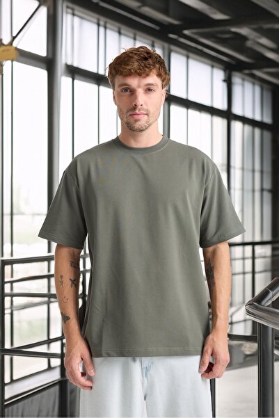 Valiberta Ανδρικό μπλουζάκι με δύο κλωστές από βαμβακερό λαιμόκοψη Basic Oversize - Hunter Green