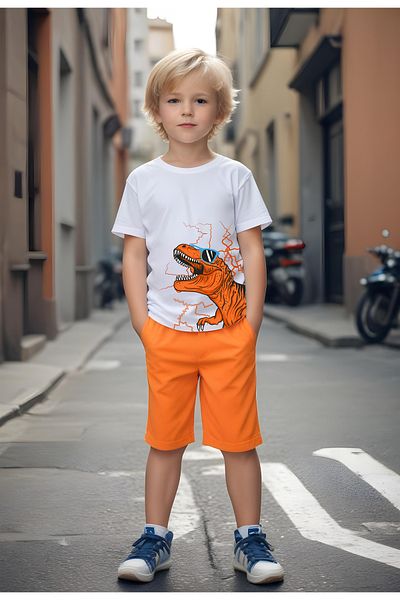 FYK KİDS Boy's Glasses Dinosaur Printed Top and Bottom Set