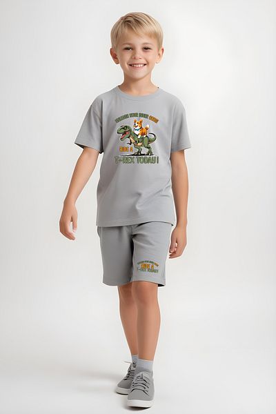 FYK KİDS Boy's Tee-Shorts Trex Today Printed Bottom-Top Suit