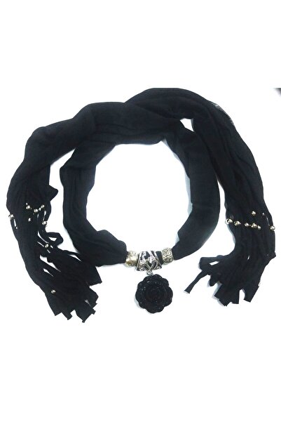 indirimvar Gül Desenli Boncuklu Fular Kolye Siyah