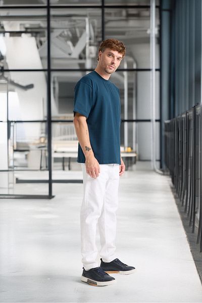 Valiberta Two Thread Fabric Cotton Crew Neck Basic Oversize Men's T-Shirt - Prussian Blue
