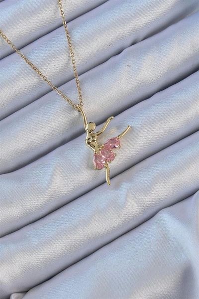 Clariss 316L Steel Chain Gold Color Pink Zircon Stone Ballerina Necklace