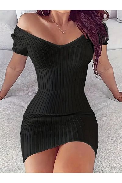 modaserdem Women's Short Sleeve V-Neck Ribbed Knitwear Dress