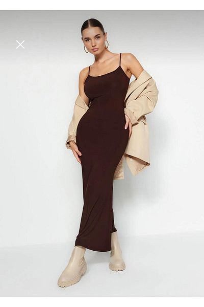 QBZ Brown Fitted/Flush Strap Midi Sandy Pencil Dress
