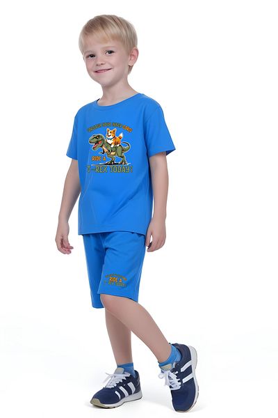 FYK KİDS Boy's Tee-Shorts Trex Today Printed Bottom-Top Suit
