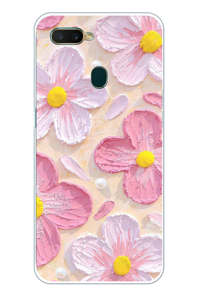 TechTree Oppo A5S- AX7 - A12 Uyumlu Pembe Beyaz Çiçekler Sulu Boya Şeffaf Sil...