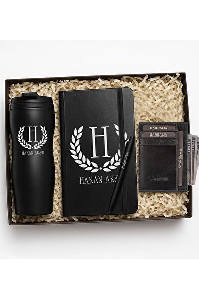 Bk Gift Kişiye Özel İsimli Siyah Termos, Defter, Garbalia Kartlık Cüzdan, Tük...