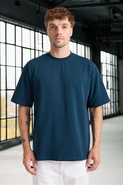 Valiberta Two Thread Fabric Cotton Crew Neck Basic Oversize Men's T-Shirt - Prussian Blue