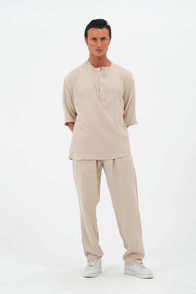 RELAXL 100% Cotton Muslin Oversize Summer Beige Shirt Placket Collar Fakir Sleeve