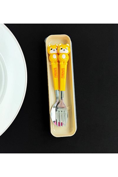 gifttime Cute Animal Yellow Teddy Bear Fork Spoon Set for Kids