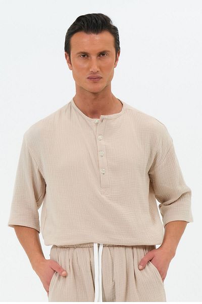 RELAXL 100% Cotton Muslin Oversize Summer Beige Shirt Placket Collar Fakir Sleeve