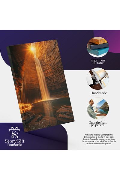 StoryGift Romania Tablou Canvas: Cascada Din Peștera Ascunsă Ochiul De Apă Secret Soarele Pătrunde Prin Crăpătură