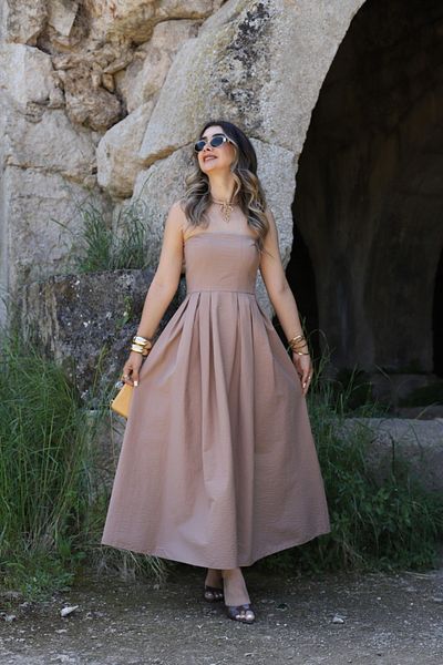 bytugcekaya Καφέ Στράπλες Πλισέ Φόρεμα