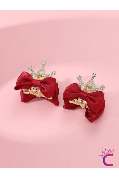 Cinderella 2 Pack Bow Ribbon Queen Crown Crystal Stone Hair Clip Red - Children's Birthday Princess Crown