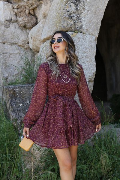 bytugcekaya Rochie din șifon căptușită cu talie elastică cu model floral burgundă