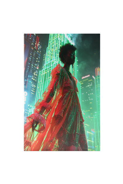 StoryGift Romania Tablou Canvas: Rochie Transparentă Roșie și Clădiri Neon- A...