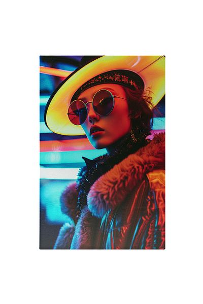 StoryGift Romania Canvas Print Asian Woman with Lighted Hat and Glasses Wearing Thick Shiny Coat with G