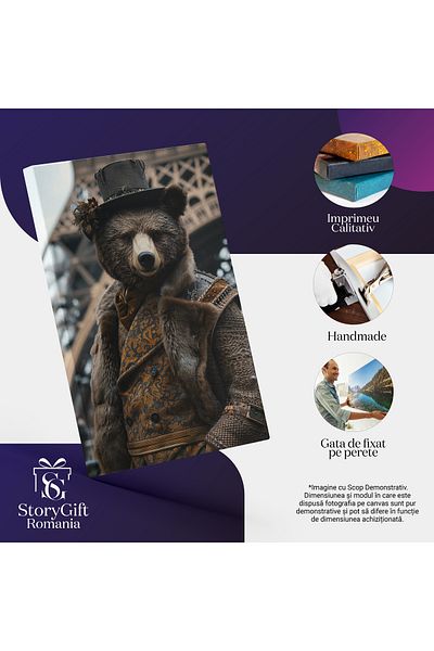 StoryGift Romania Tablou Canvas Povestea Urbană A Ursului Cu Joben Un Instantaneu În Fața Turnului Eiffel , Pictu