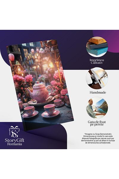 StoryGift Romania Canvas Painting 100 x 70CM Luxury Set of Royal Pink Teapot and Cups on Table with Roses, STG.