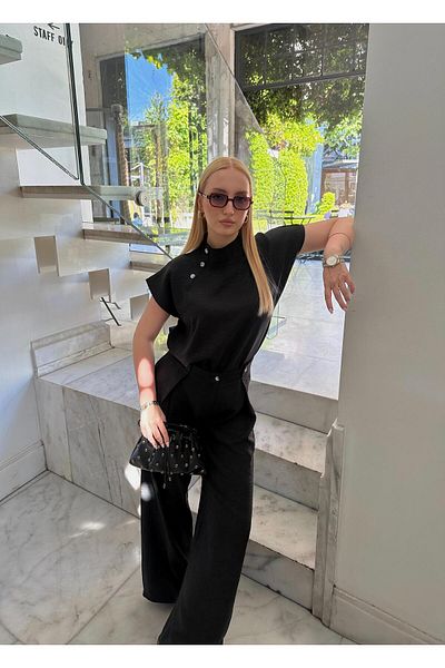 FİOXCO Boherna Black Cotton Linen Top Shirt Bottom Palazzo Pants Double Set