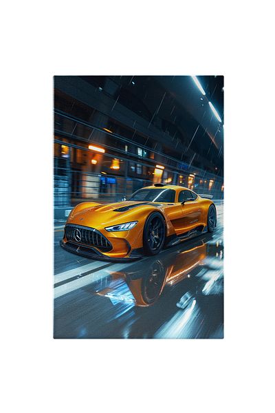 StoryGift Romania Canvas Print Yellow Mercedes Sports Car Speeds Past a Restaurant in Time