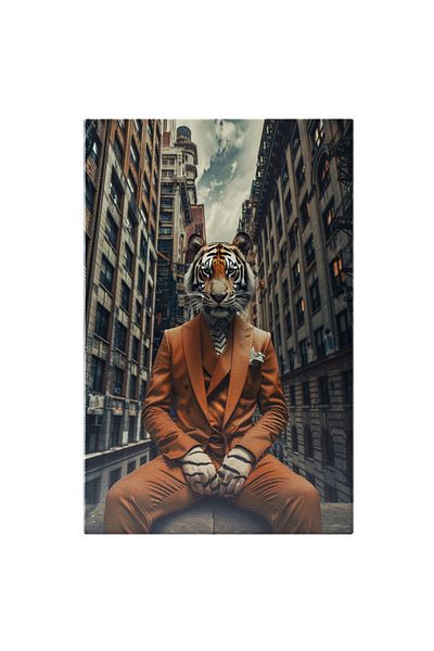StoryGift Romania Canvas Painting Tiger Disguised in a Man's Suit - Sitting on the Balcony Among Populated Buildings, Painting