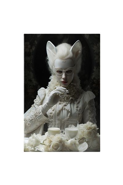 StoryGift Romania Canvas Print: Photo of a girl with cat ears - painted mask white clothes flowers glass
