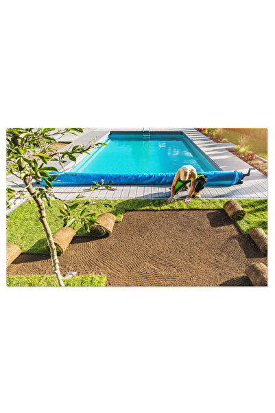 StoryGift Romania Tablou Canvas Lucratorul in Gradina Instaleaza Gazonul Rulant Langa Piscina transformarea intr