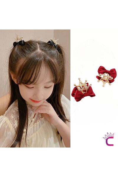 Cinderella 2 Pack Bow Ribbon Queen Crown Crystal Stone Hair Clip Red - Children's Birthday Princess Crown