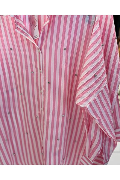 VİYA Taş Detaylı Pembe Çizgili Tunik / Gömlek