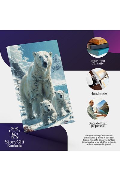 StoryGift Romania Tablou Canvas Sub Neaua Rece Ursul Și Puii Săi În Căutarea Hranei În Munții Înghețați , Pictura