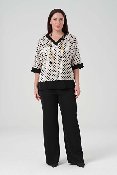 Gemko Polka Dot Satin Necklace Blouse Trousers Suit - Black