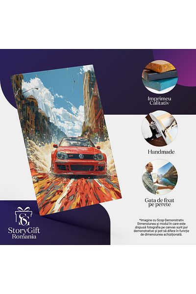 StoryGift Romania Tablou Canvas Volkswagen Masina Rosie De Viteza Merge Cu Viteza Printre Blocuri Imprastiind Ap