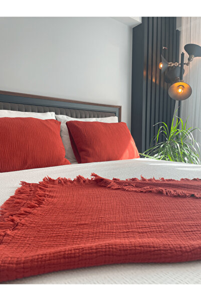 Almir Home Brick Color 4 Layer Muslin Bedspread (Pike King Size 260-220)