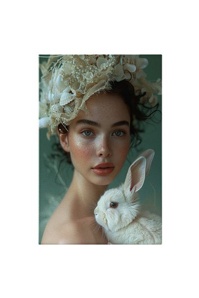 StoryGift Romania Canvas Print Cute Girl with Green Eyes and Freckles with White Hat and Brown Hair with a Rabbit