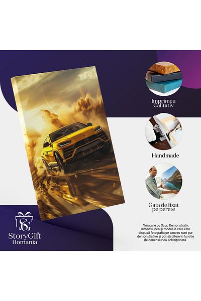 StoryGift Romania Tablou Canvas Urus Galben Condus Cu Viteză - Val De Nisip Lasat În Urmă De Lamborghini , Pictu