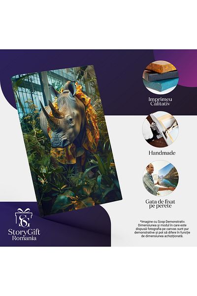 StoryGift Romania Canvas Print Yellow Collar on the Neck of a Rhinoceros - Giant Rhinoceros in the Middle of the Plants in the Garden