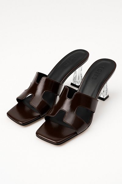 StWenn Papuci de damă din piele maro cu toc transparent – toc gros, vară, model elegant
