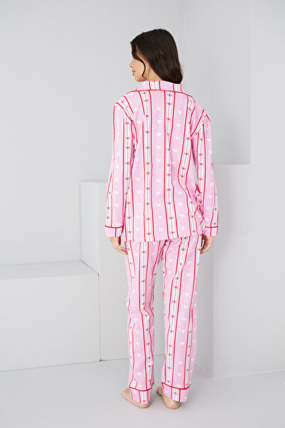 Siyah İnci Pink Red Line Pattern Cotton Buttoned Piping Knitted Long Sleeve Pajamas Suit7887